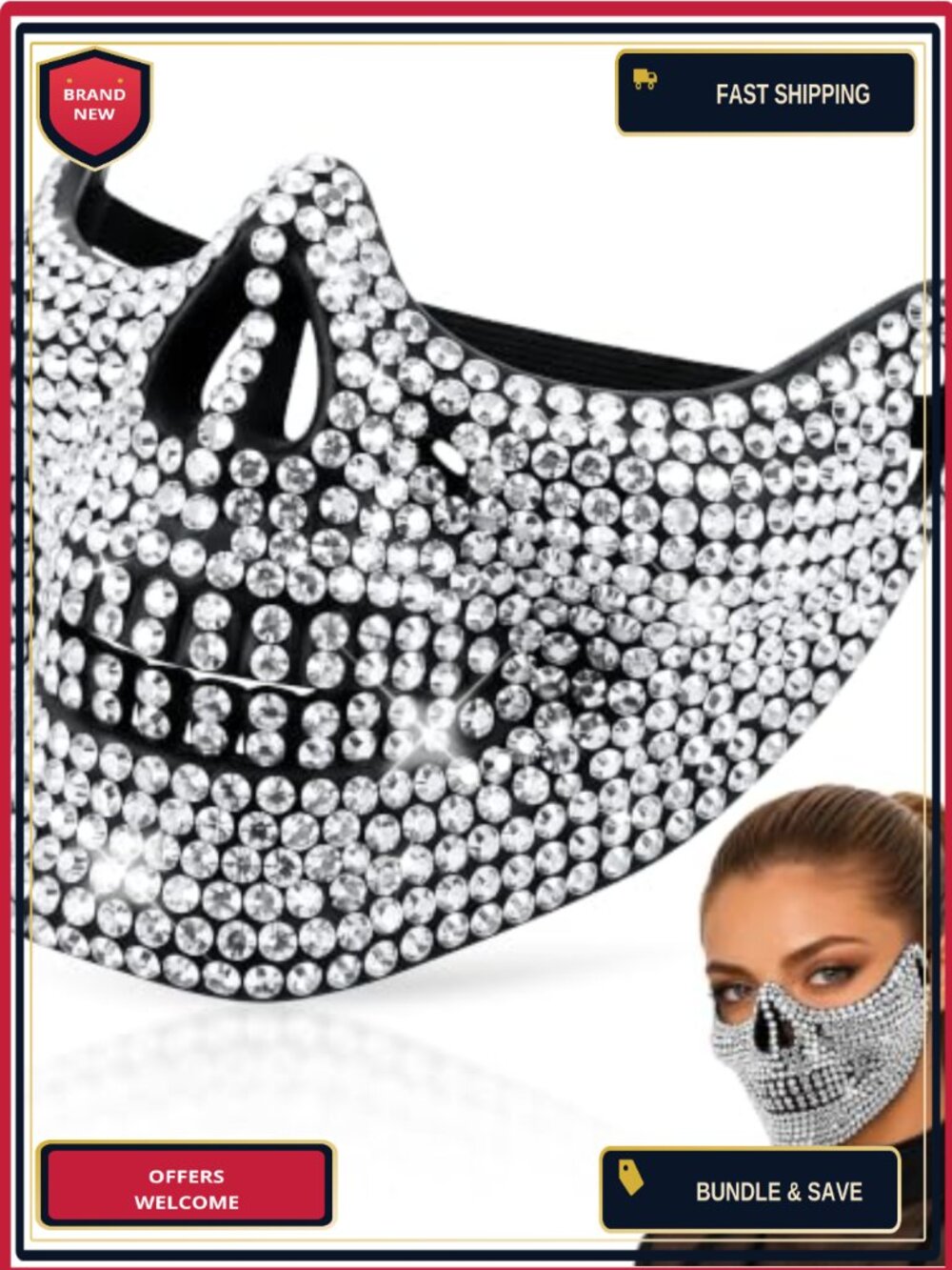 Rhinestone Skull Half Mask Halloween Face Mask Costume Accessory